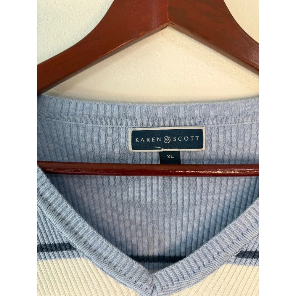 Vintage 90s Inspo Karen Scott Striped‎ Vneck Sweater XL Blue Gray White Preppy